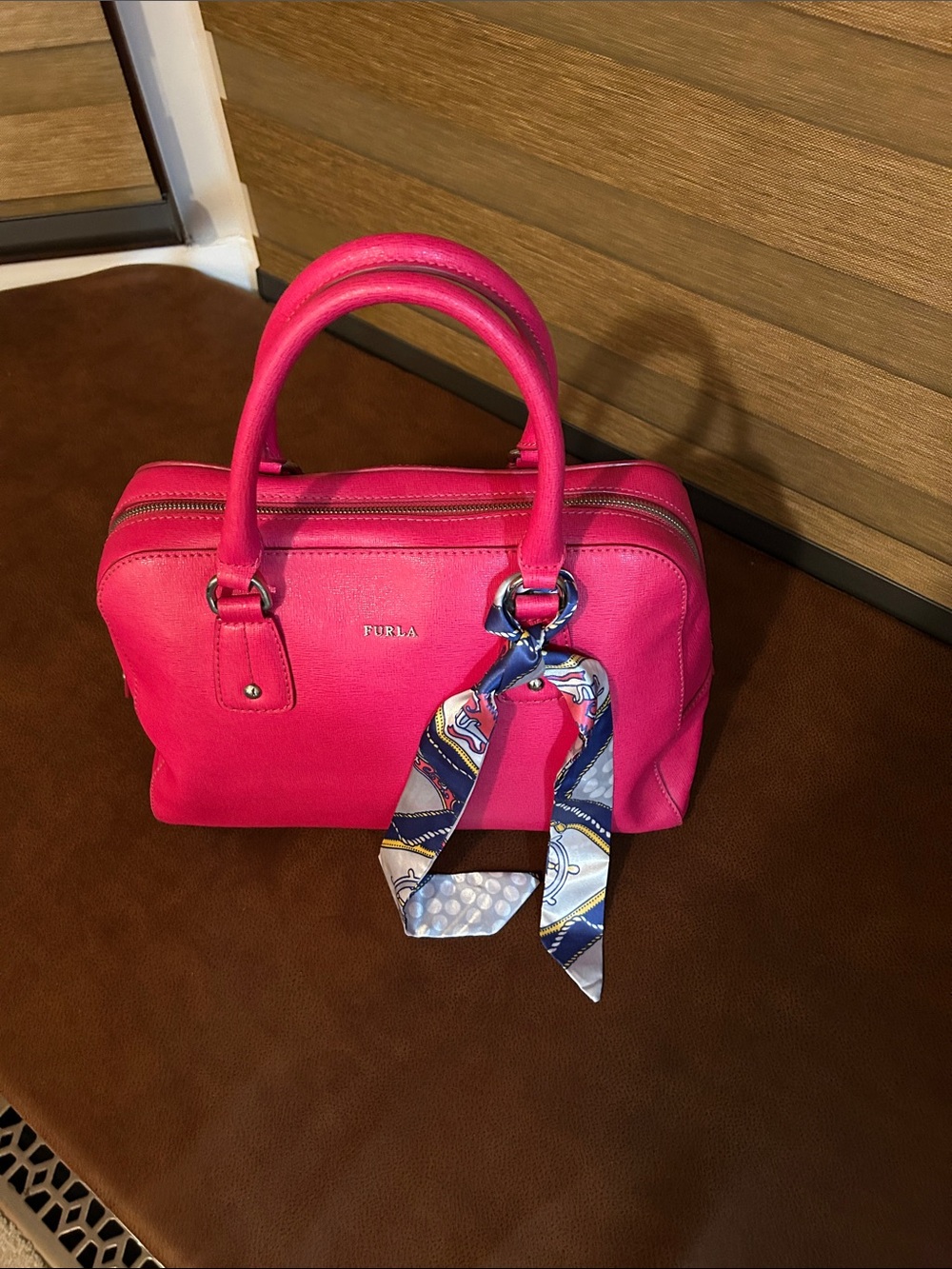 Furla Vibrant Pink Leather Satchel with Scarf Accent